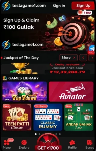 Illustrative Tesla mobile lobby with sign-up, jackpot and game-menu labels