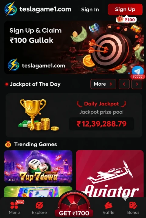 Illustrative Tesla mobile lobby with trending games and rupee-labelled examples