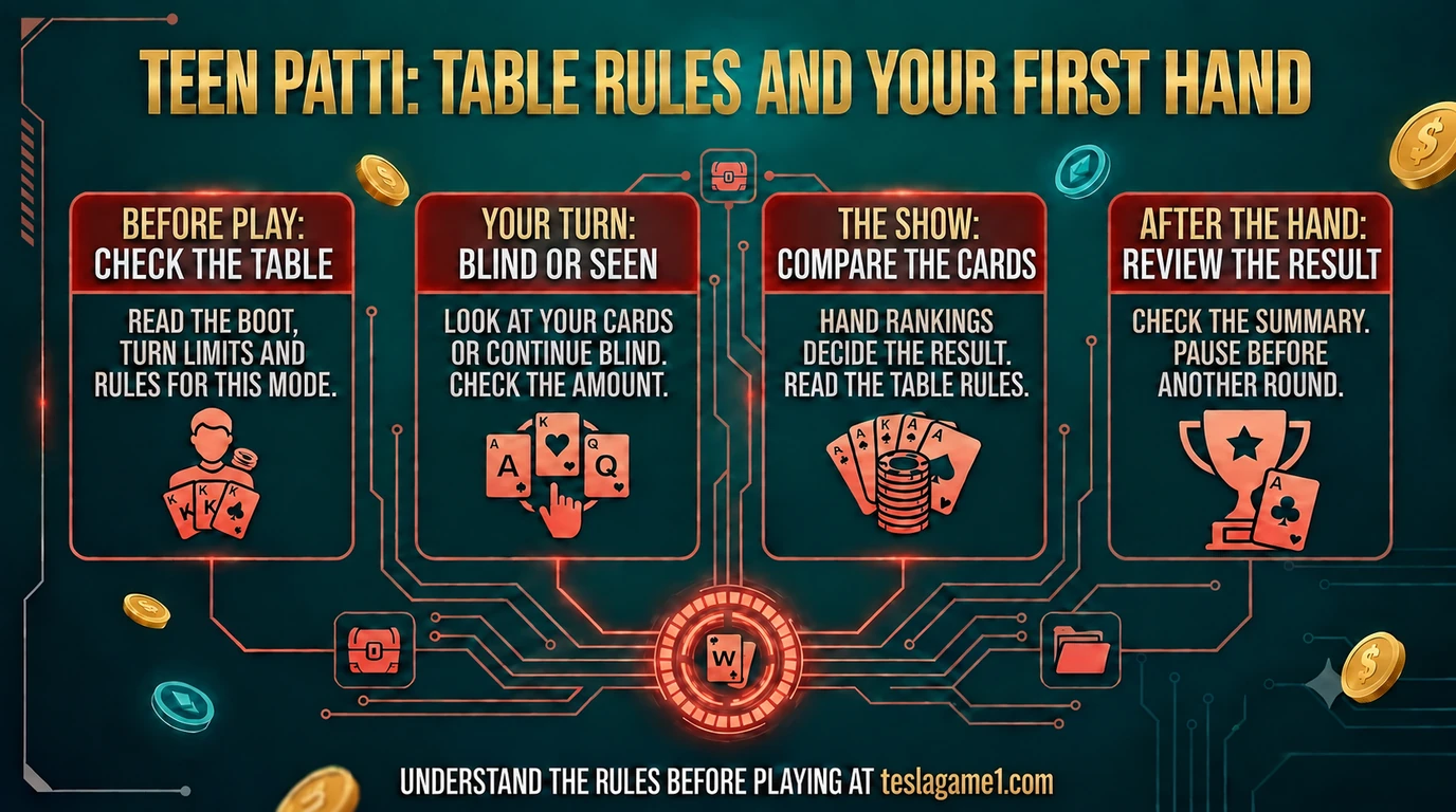 Illustrated Teen Patti table flow from boot and blind play to the show